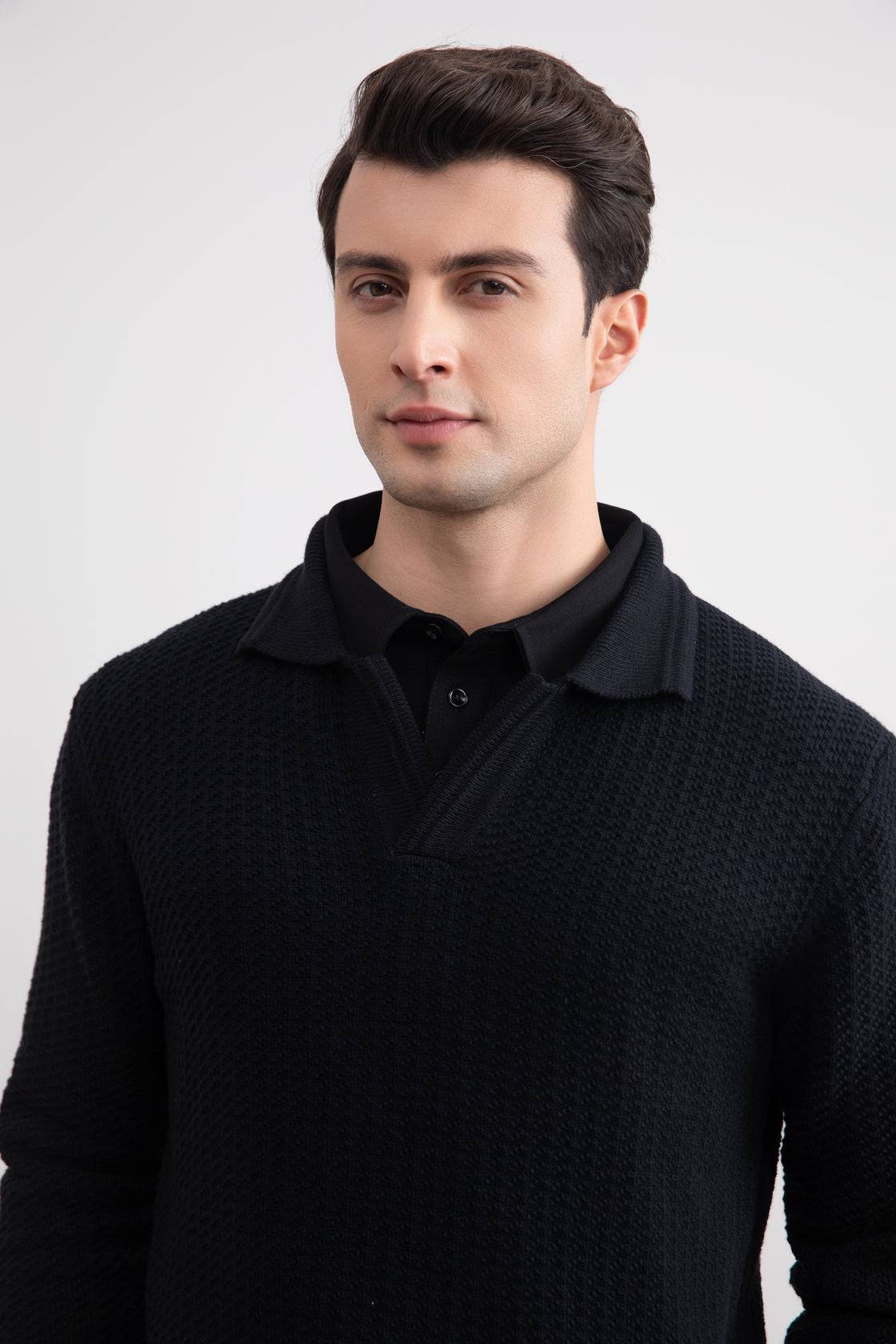 Black Textured Open Polo Sweater - Tour&Tate