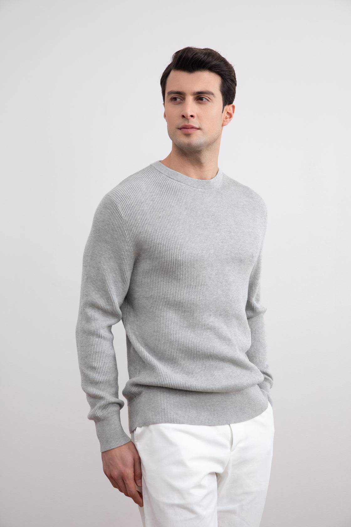 Grey Mélange Crewneck Malfilé English Rib Sweater - Tour&Tate