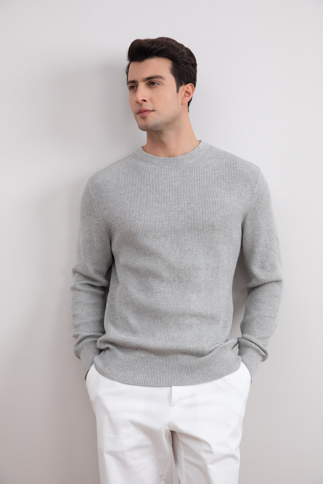 Gris Mélange Crewneck Malfilé English Rib Sweater