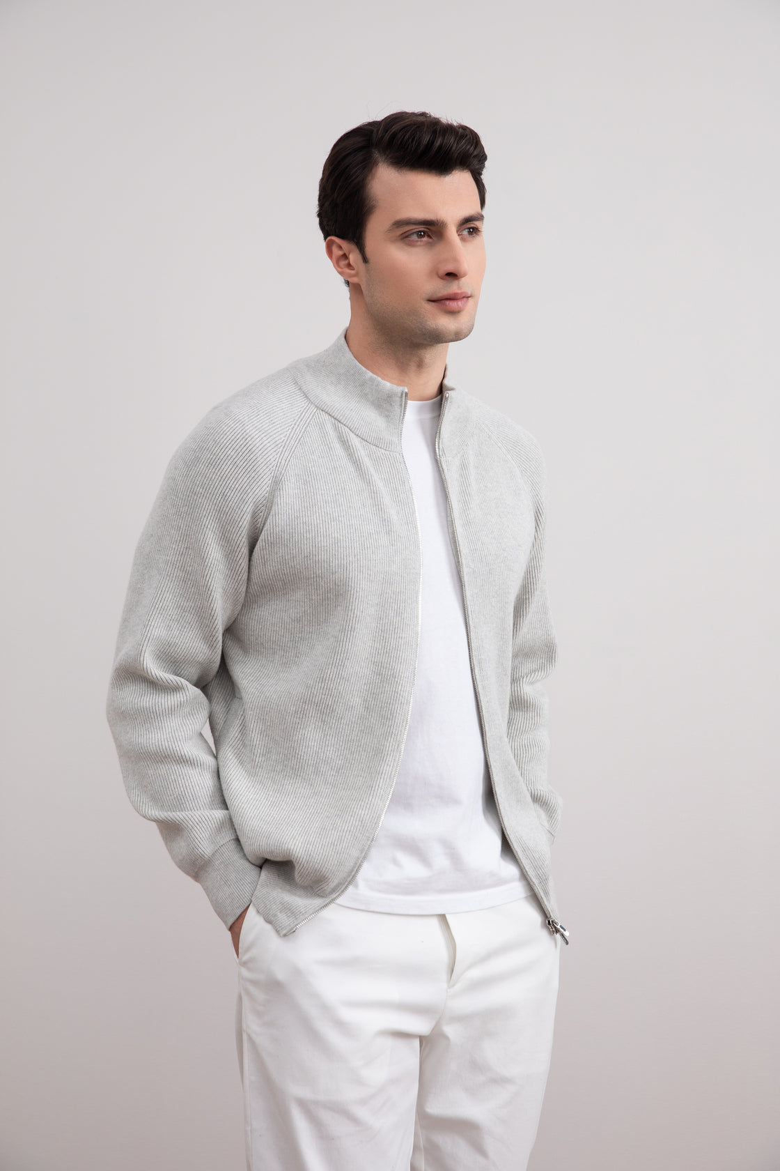 Cárdigan con cremallera entera de canalé inglés Mélange gris