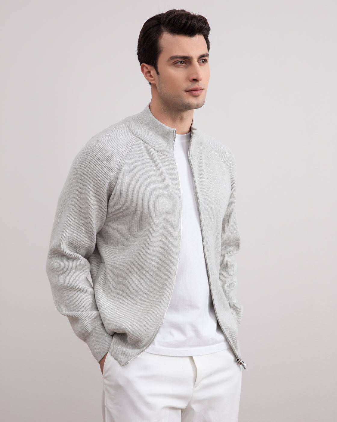 Grey Mélange English Rib Full Zip Cardigan - Tour&Tate