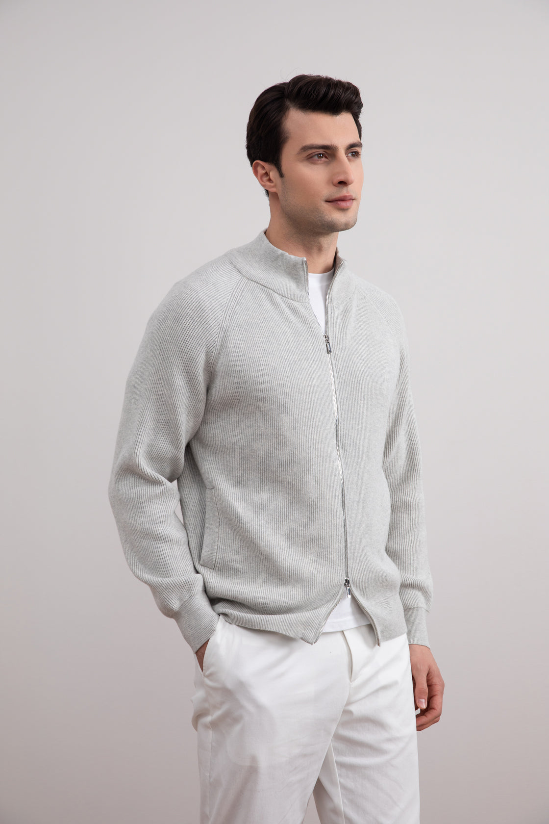 Cárdigan con cremallera entera de canalé inglés Mélange gris