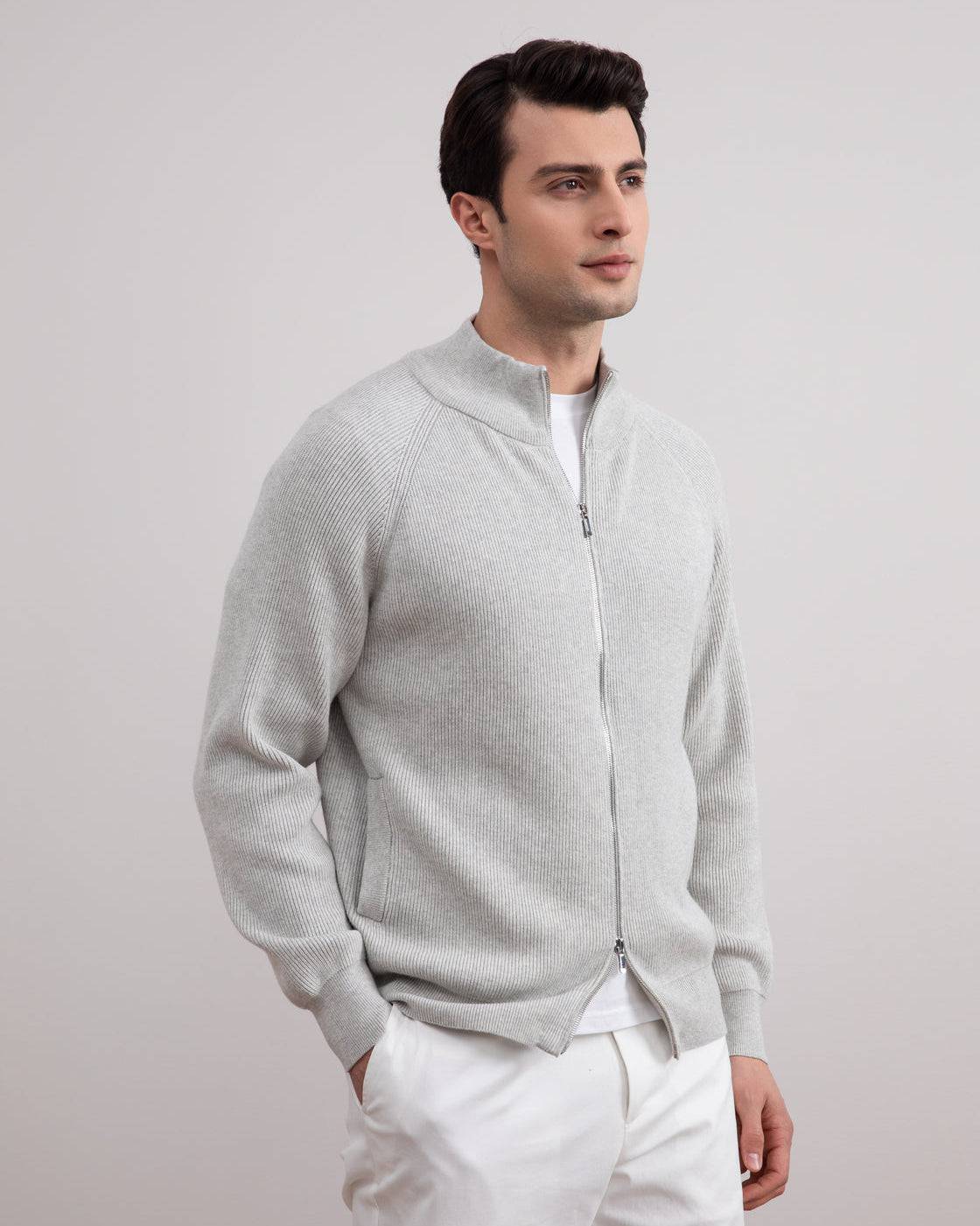 Grey Mélange English Rib Full Zip Cardigan - Tour&Tate