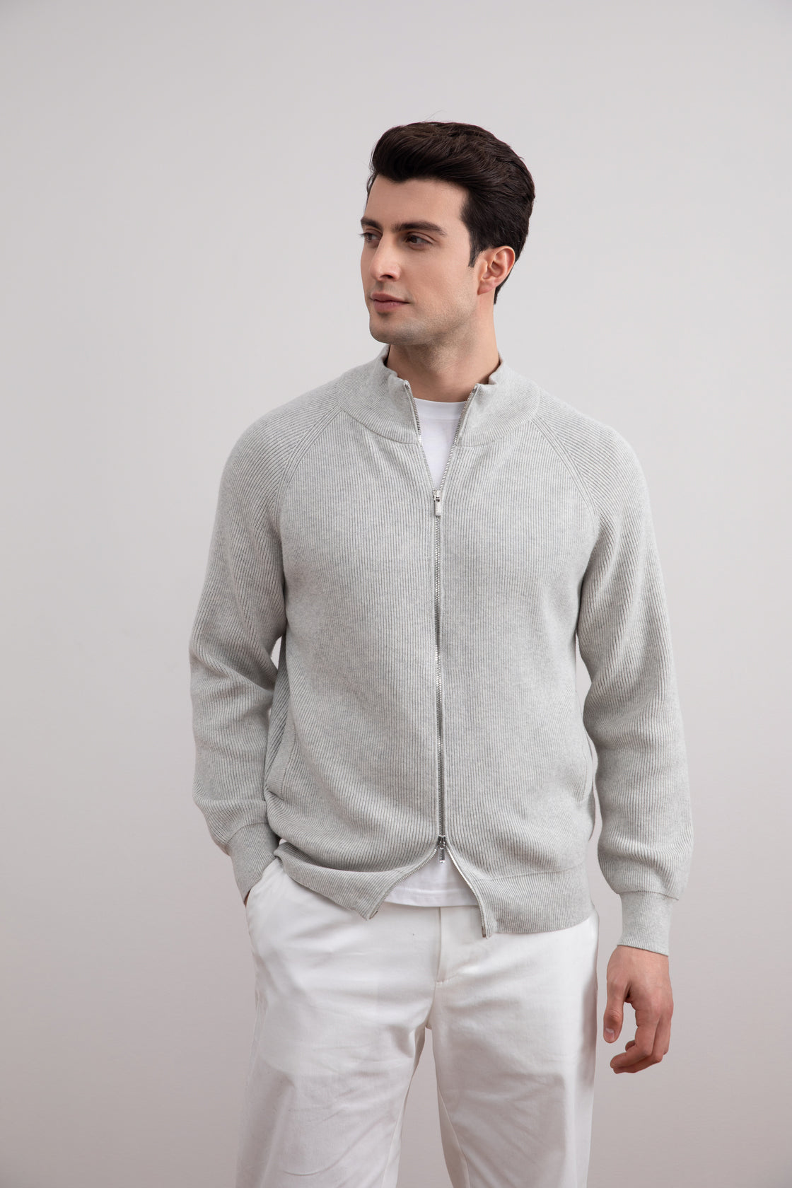 Graue Mélange English Rib Strickjacke mit durchgehendem Reißverschluss