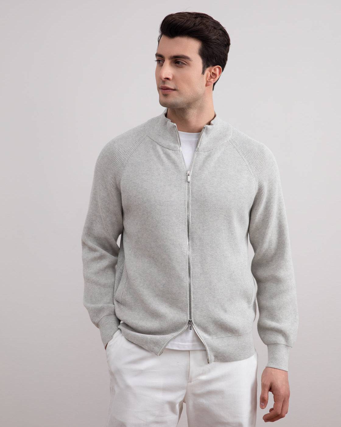 Grey Mélange English Rib Full Zip Cardigan - Tour&Tate