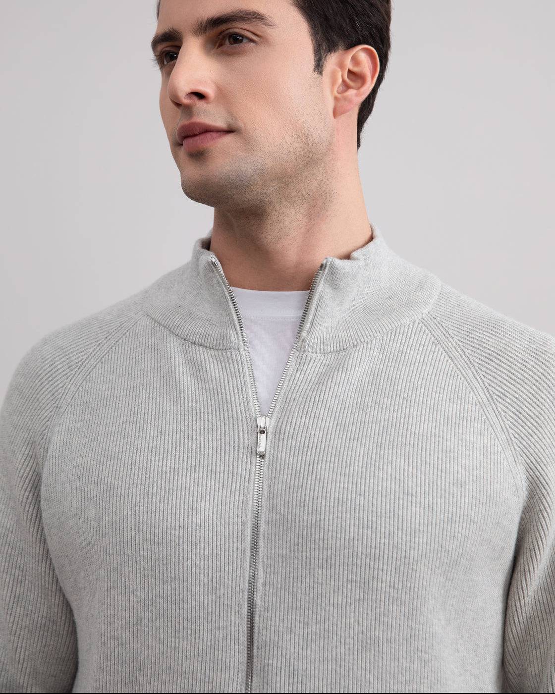 Grey Mélange English Rib Full Zip Cardigan - Tour&Tate