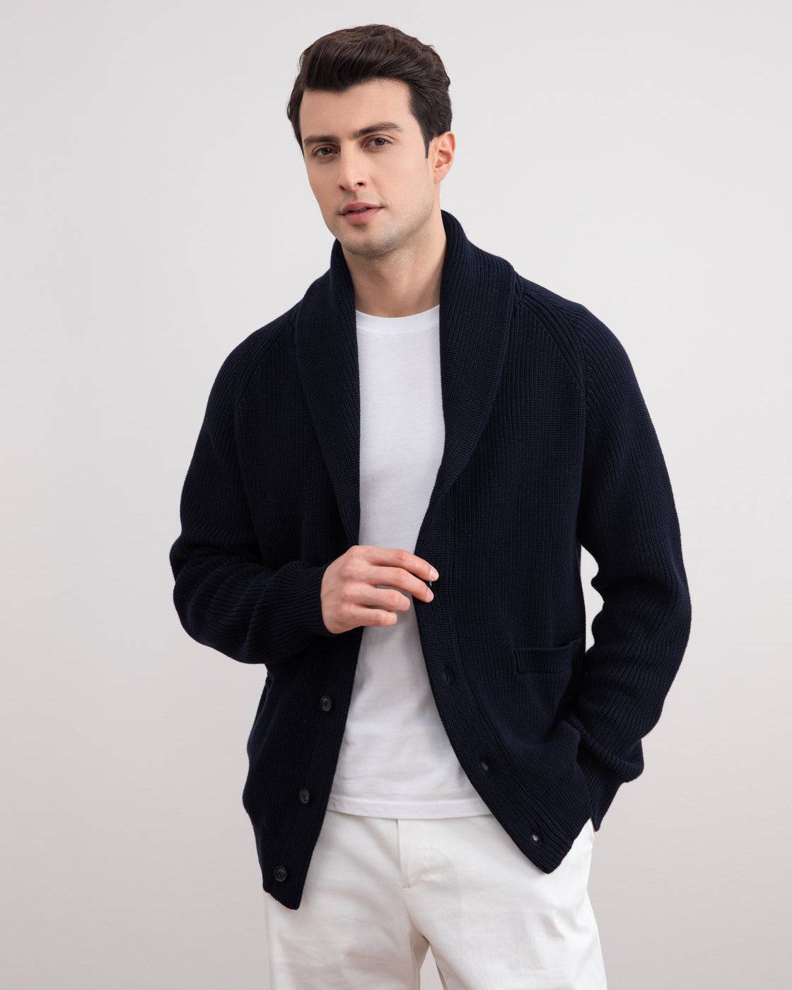 Navy Shawl-Collar Ribbed Cardigan - Tour&Tate