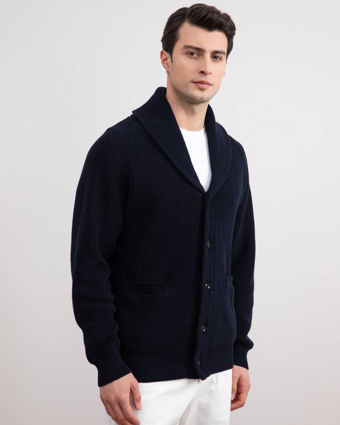 Navy Shawl-Collar Ribbed Cardigan - Tour&Tate