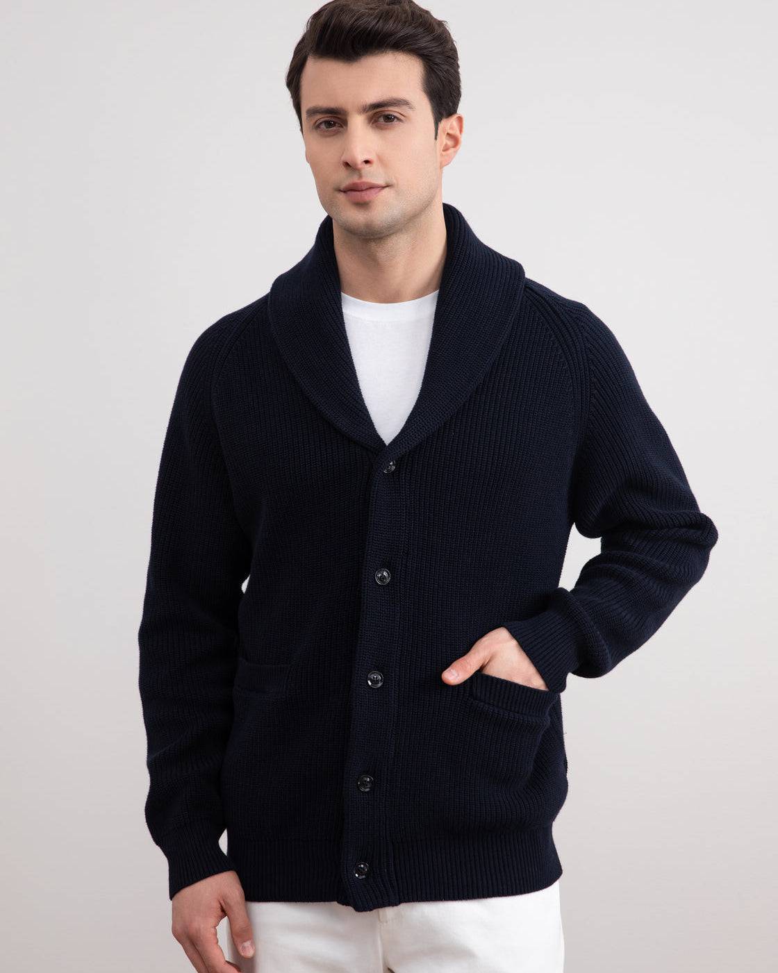 Navy Shawl-Collar Ribbed Cardigan - Tour&Tate