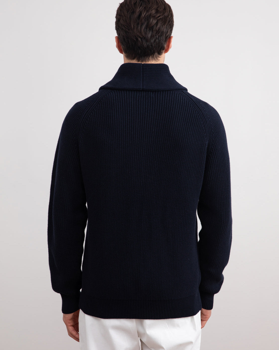 Navy Shawl-Collar Ribbed Cardigan