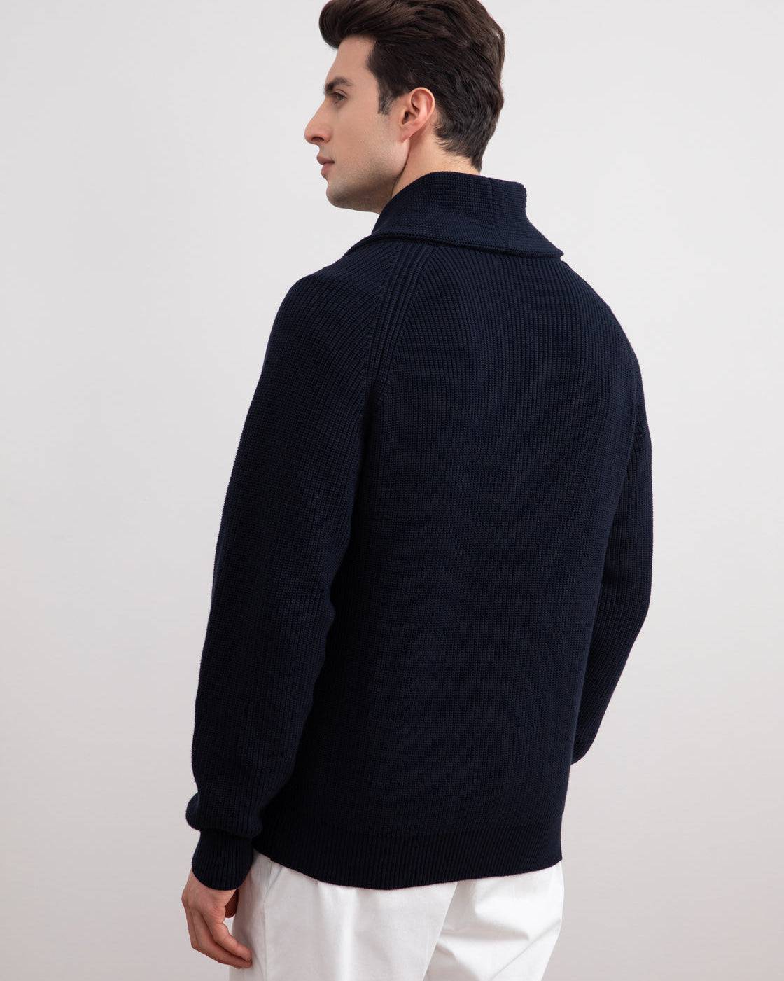 Navy Shawl-Collar Ribbed Cardigan - Tour&Tate