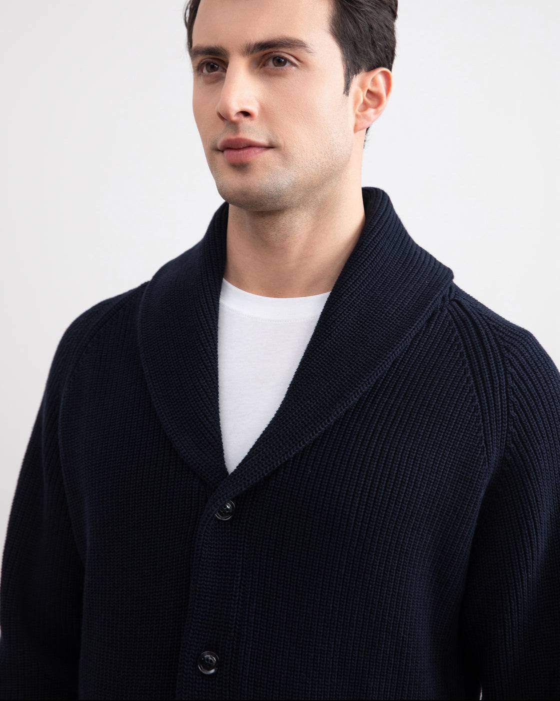 Navy Shawl-Collar Ribbed Cardigan - Tour&Tate