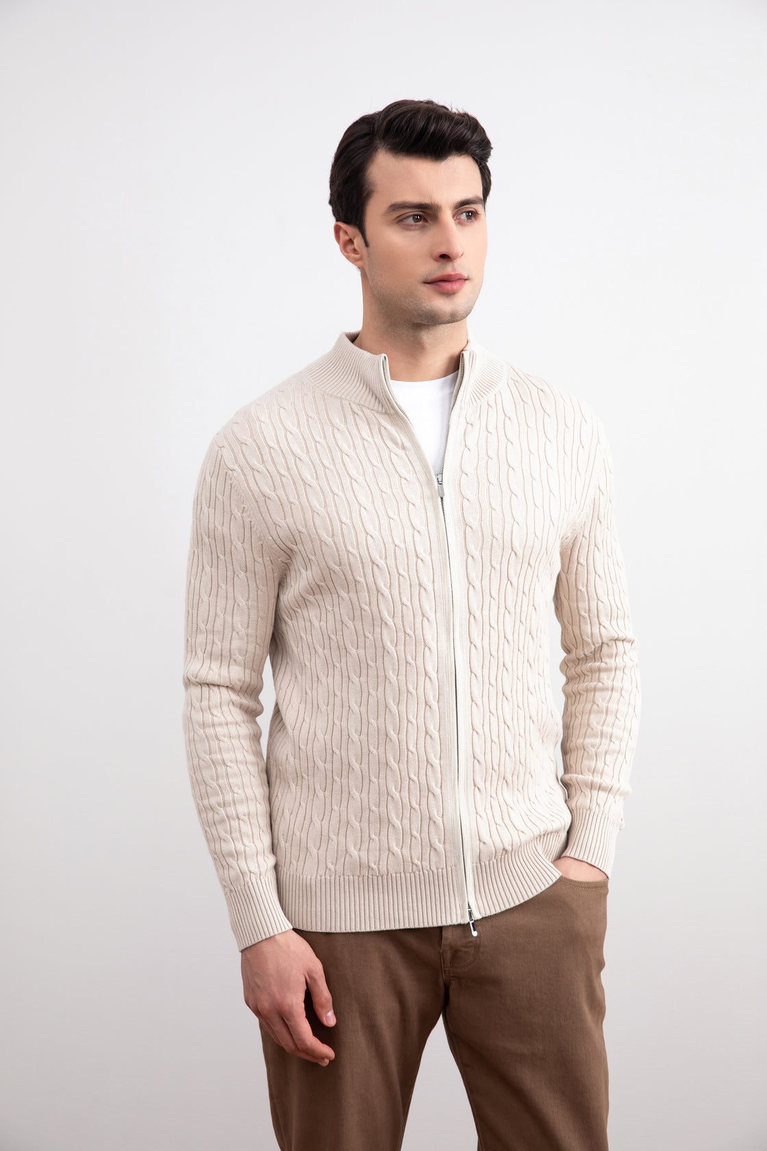 Jersey beige de punto con full-zip entera