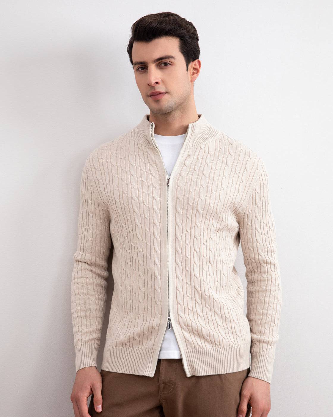 Beige Cable Knit full-zip Sweater - Tour&Tate