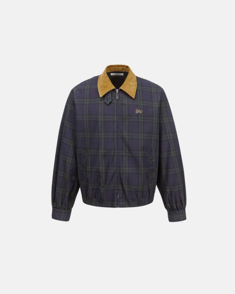 Plaid Zip-Up Jacket with Corduroy Collar