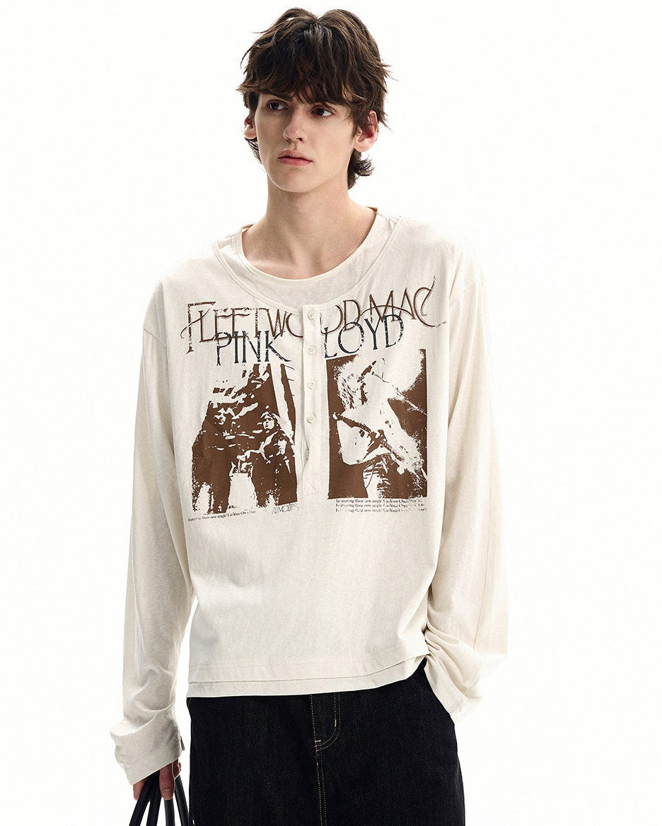 Cotton Graphic Henley Long Sleeve Tee