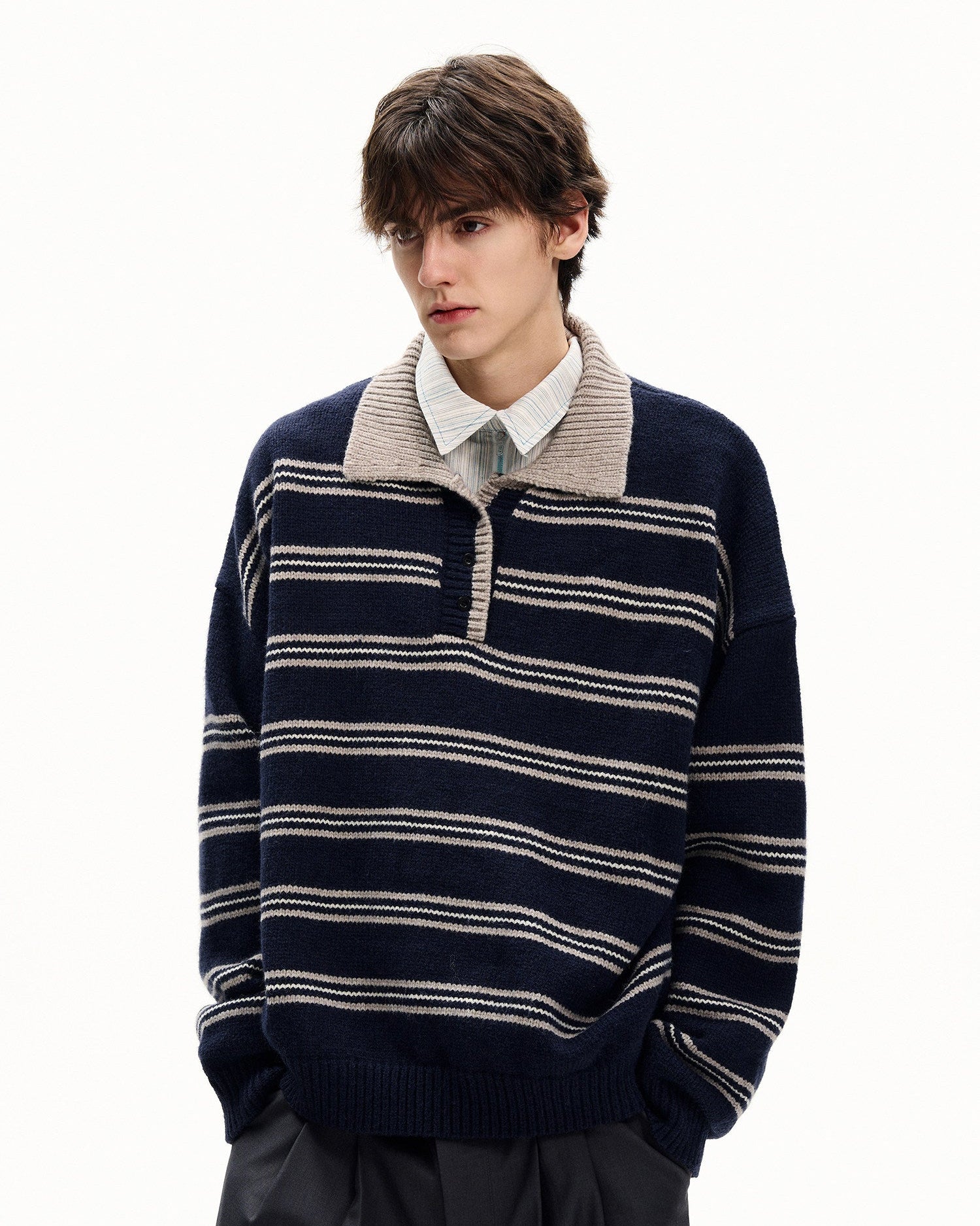 Striped Wool Cotton Polo Sweater