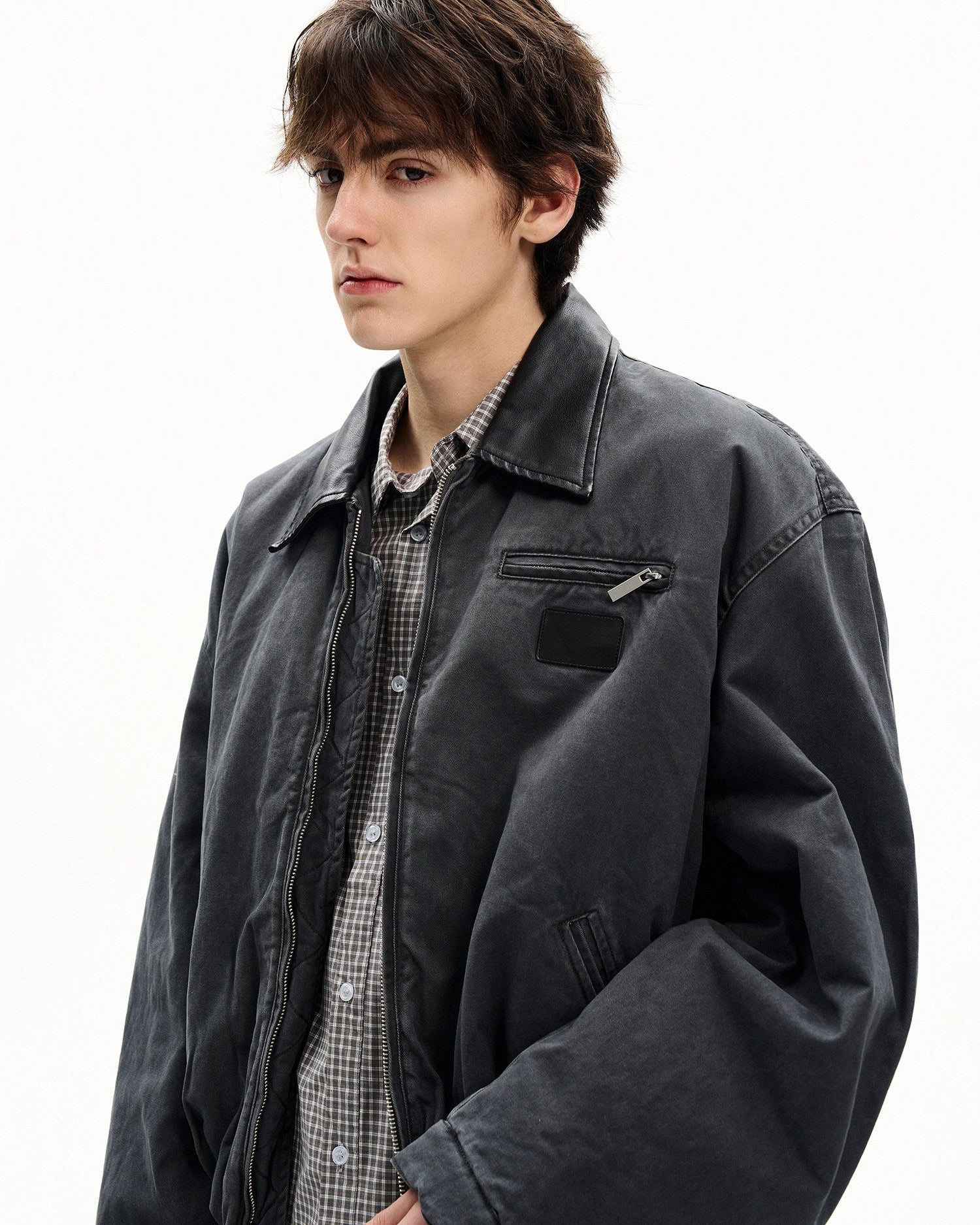 Cotton Canvas Leather Collar Jacket