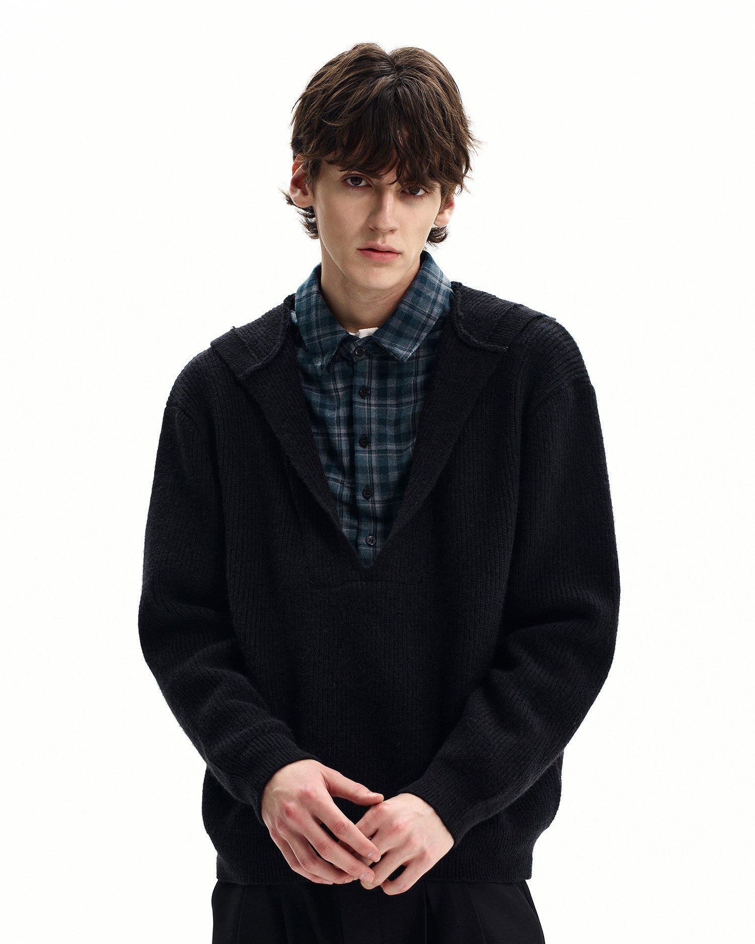 Plaid Insert Hooded Knit Sweater