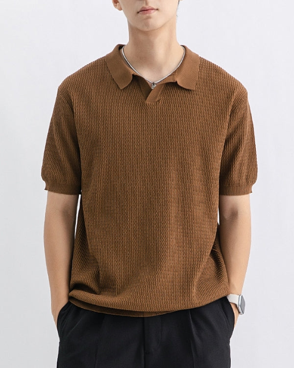 Textured Knit Open Polo Shirt