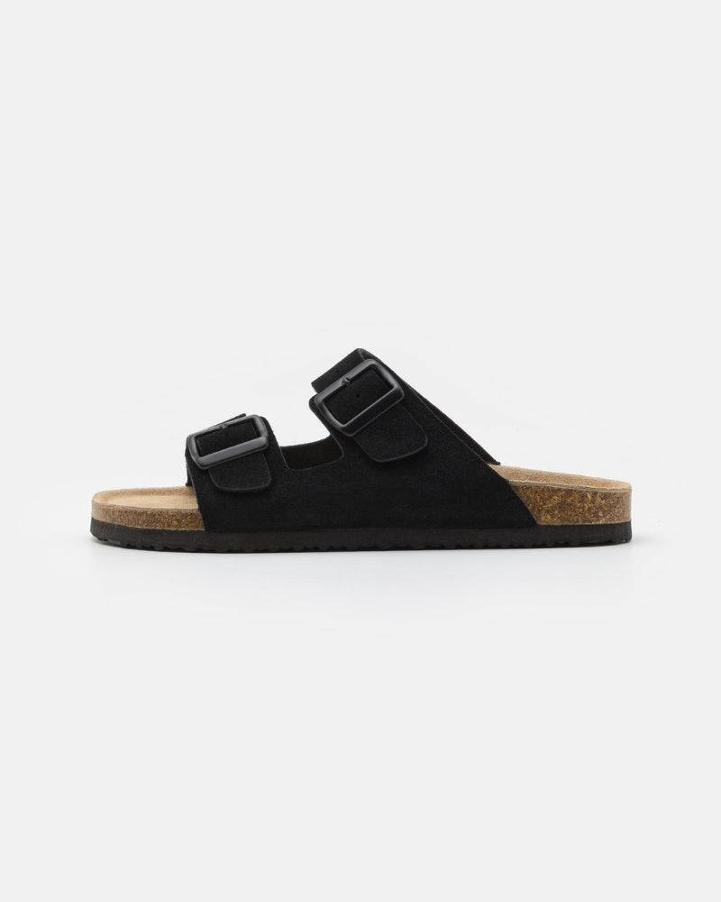 Double-Buckle Suede Sandals - Black