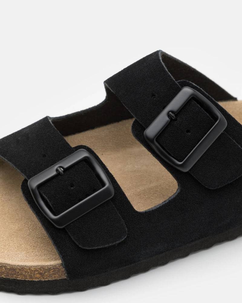 Double-Buckle Suede Sandals - Black
