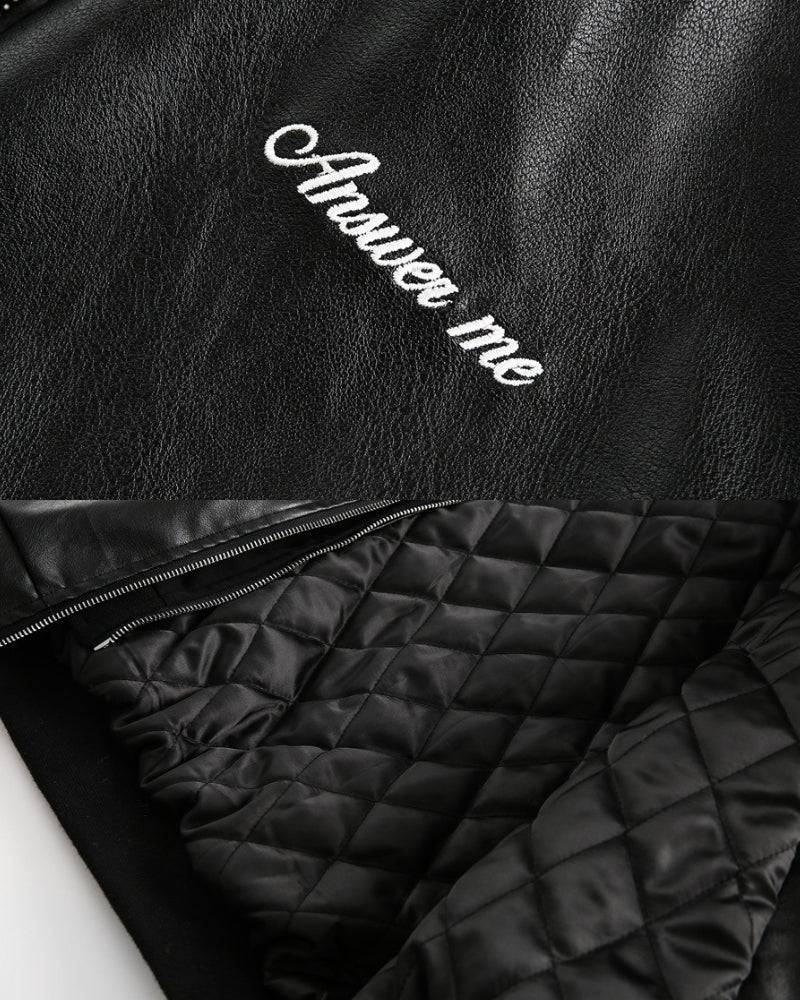 Relaxed Leather ANSWER ME Embroided Bomber Jacket