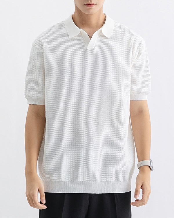 Textured Knit Open Polo Shirt