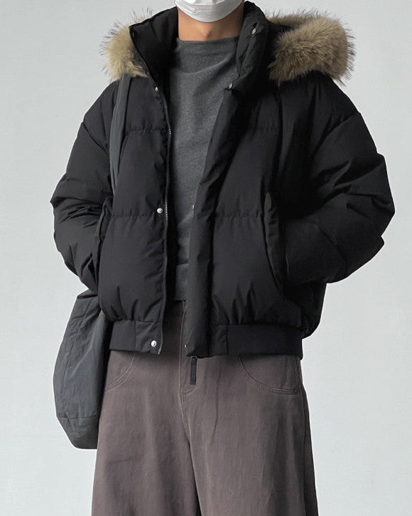 Solid Faux Fur Hooded Puffer Jacket