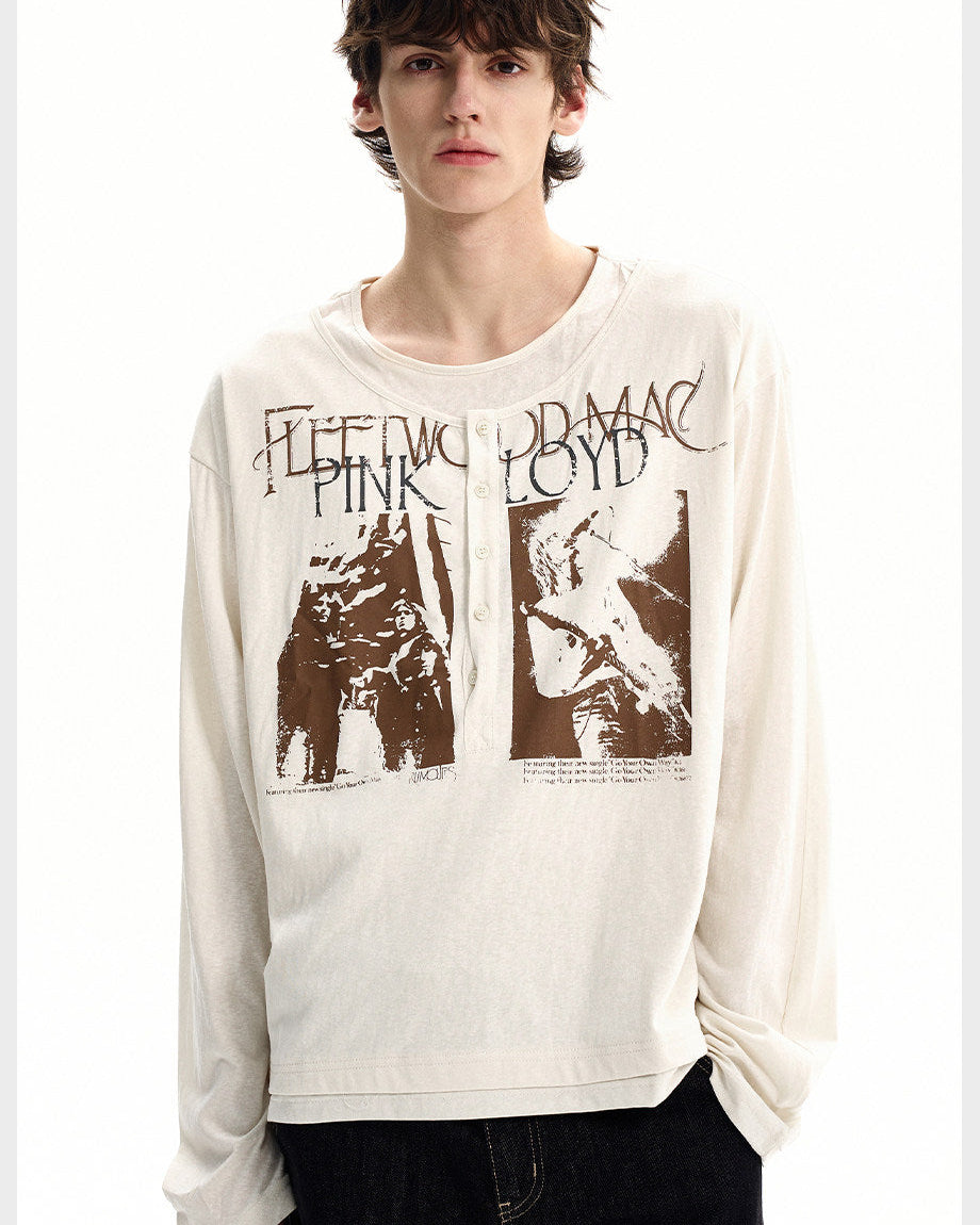 Cotton Graphic Henley Long Sleeve Tee