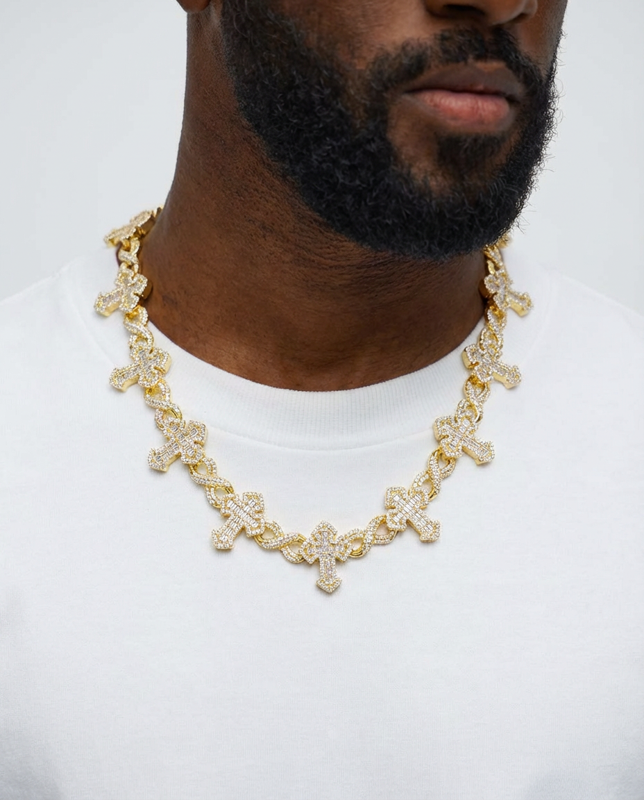 Iced Cross Cuban Chain – White Gold Finish