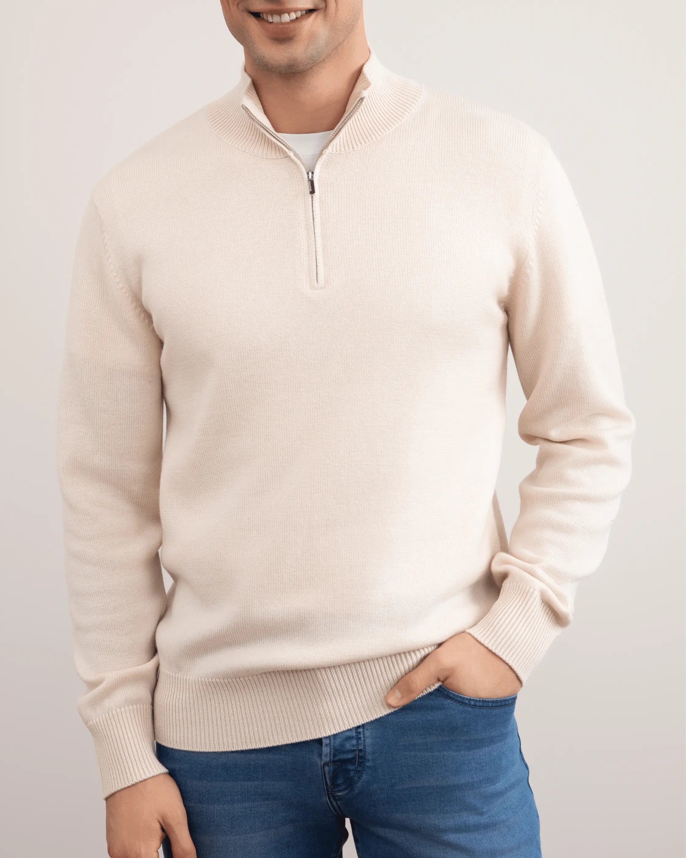 Beige Merino Wool Half-Zip Sweater - Tour&Tate
