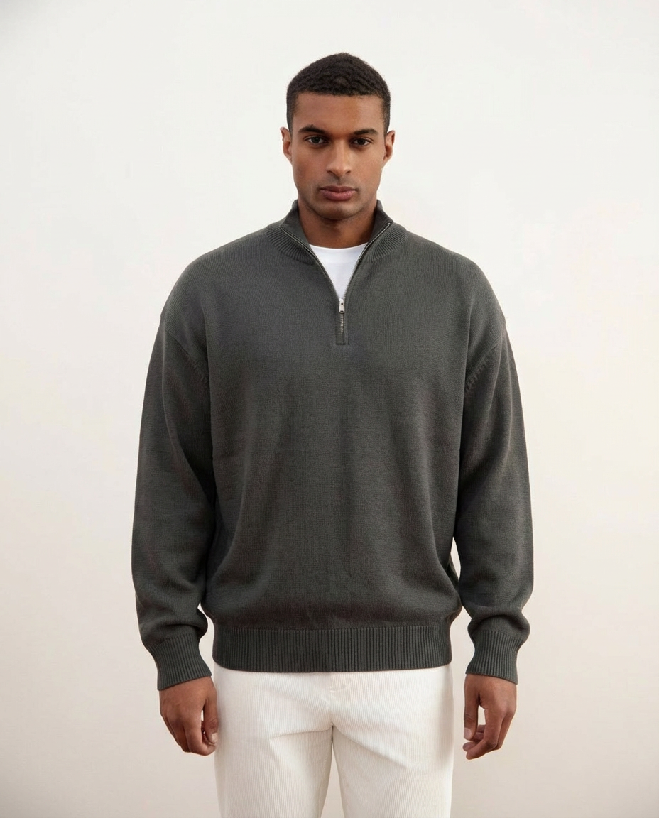 Carbon Grey Merino Wool Half-Zip Sweater
