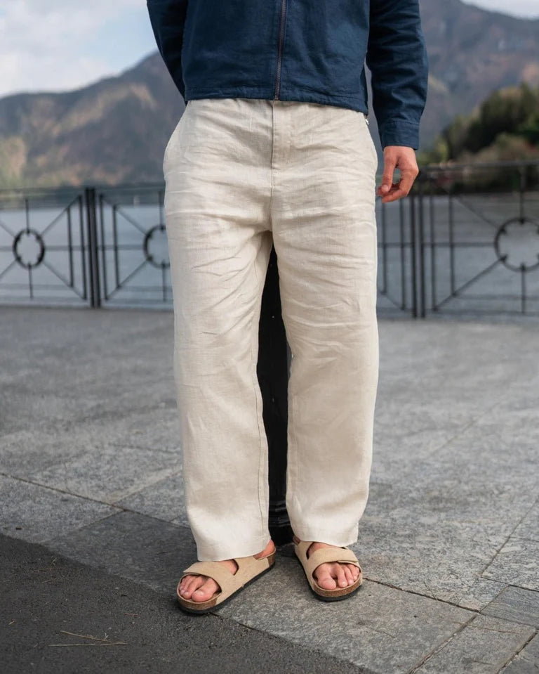 Beige Classic Baggy Linen Pants