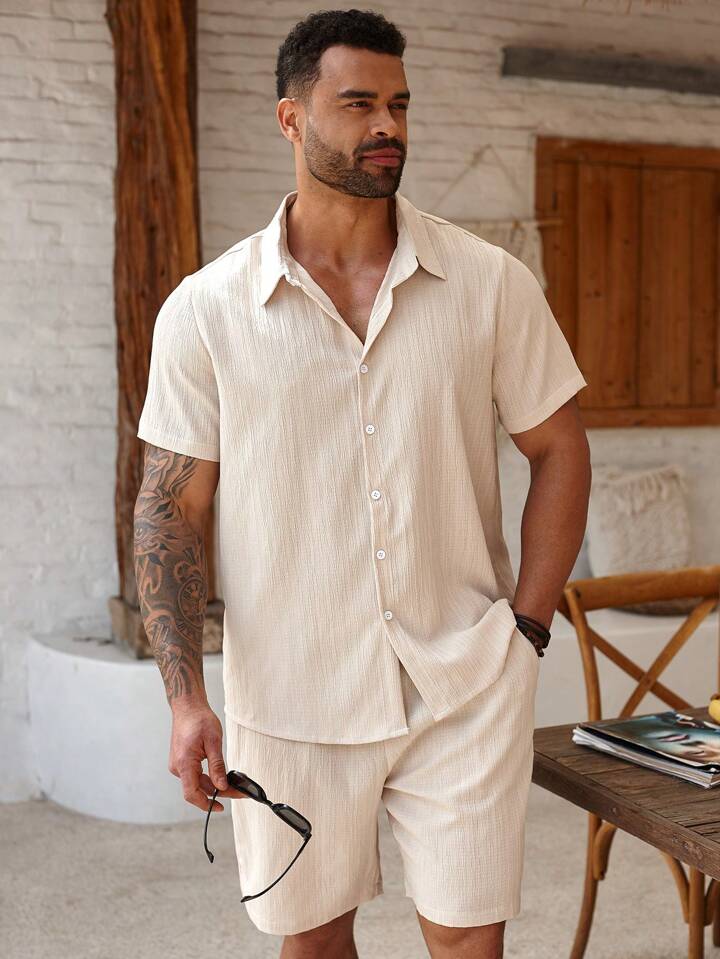 Beige Cotton-Linen Short Sleeve Shirt