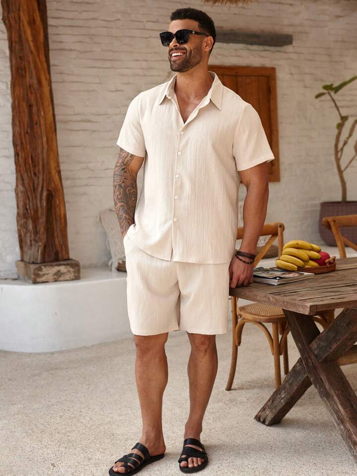 Beige Cotton-Linen Short Sleeve Shirt