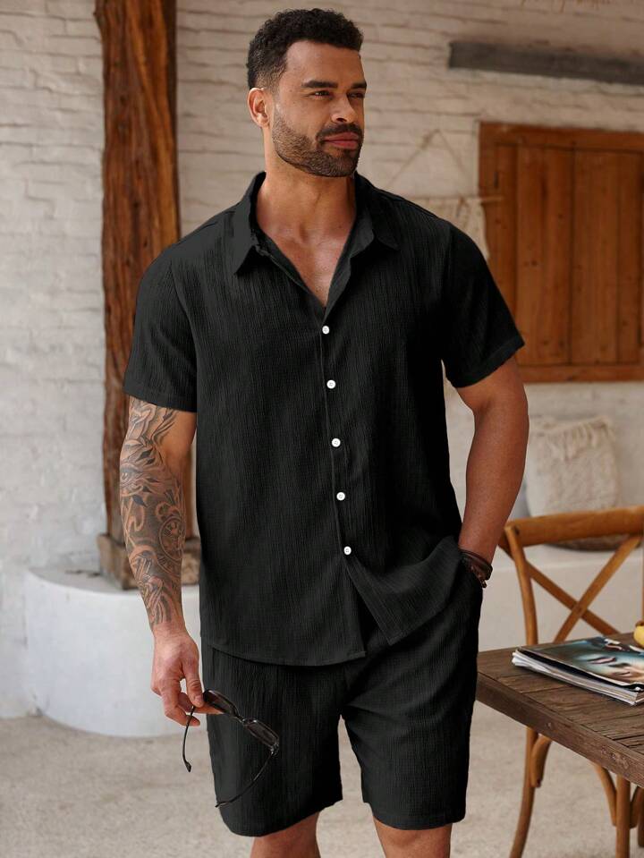 Black Cotton-Linen Short Sleeve Shirt