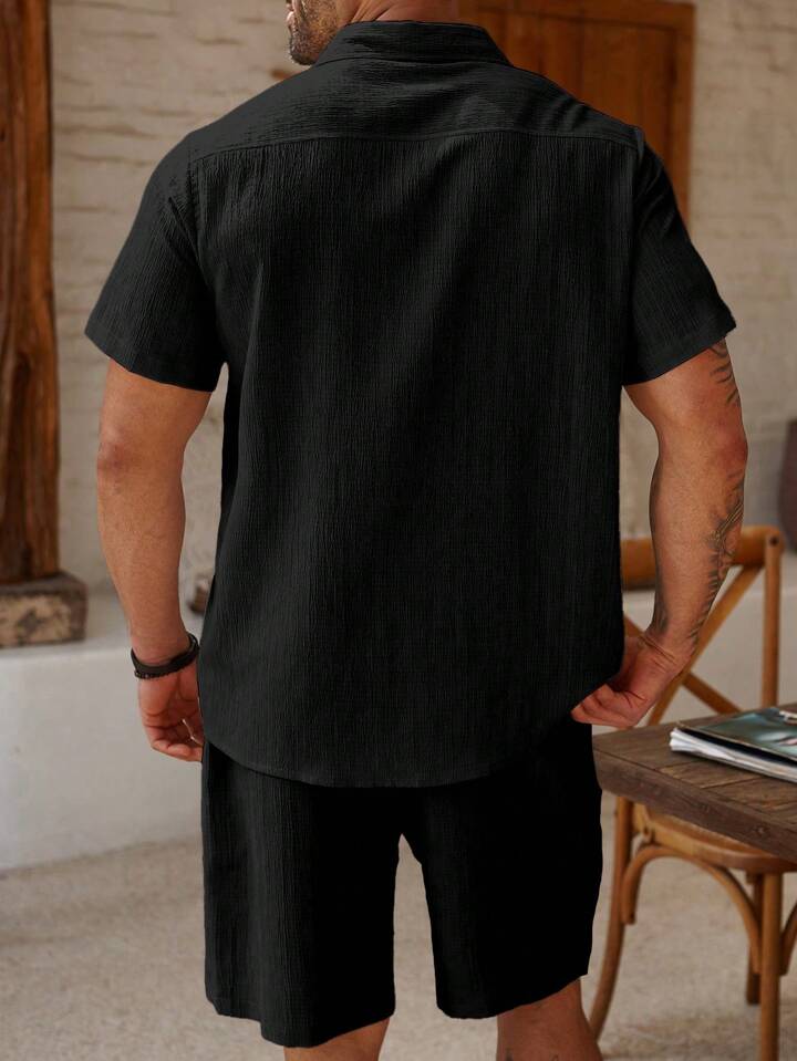 Black Cotton-Linen Short Sleeve Shirt