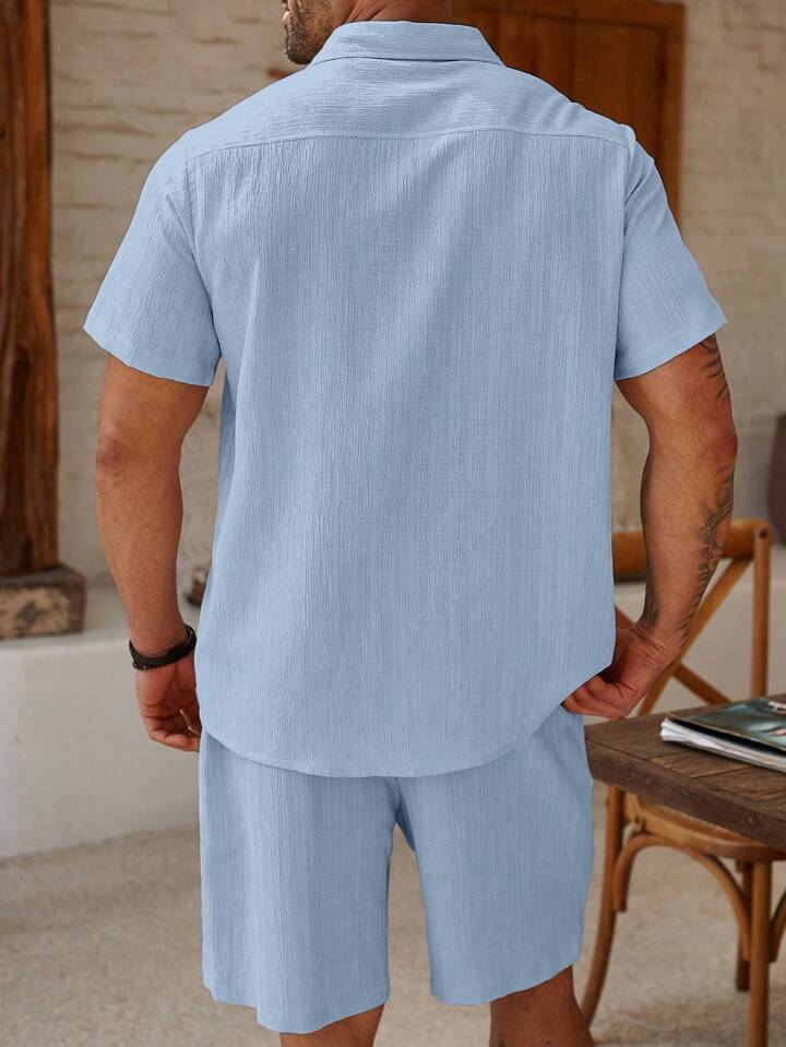 Ocean Blue Cotton-Linen Short Sleeve Shirt