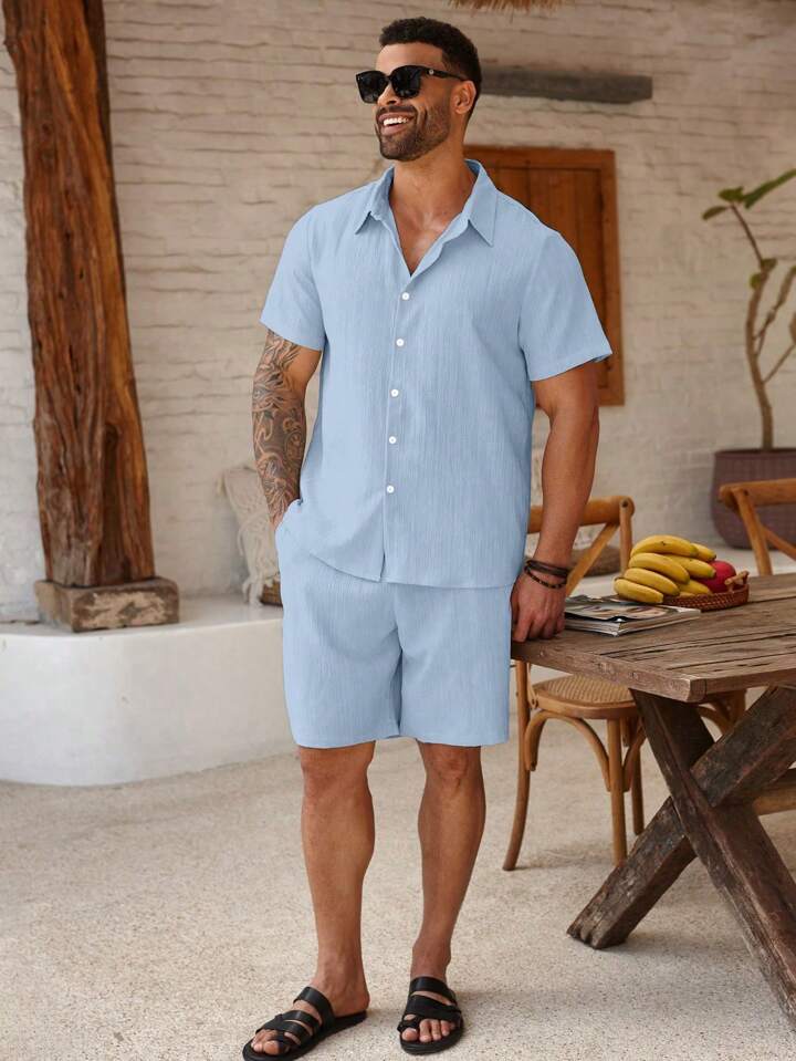 Ocean Blue Cotton-Linen Short Sleeve Shirt