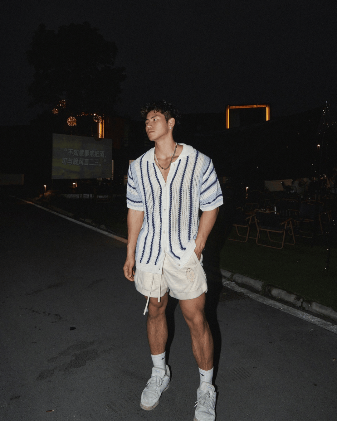 Open‑Knit Striped Button‑Up Shirt