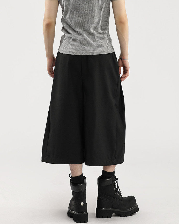 Wide-Leg Pleated Drape Capri Cropped Pants