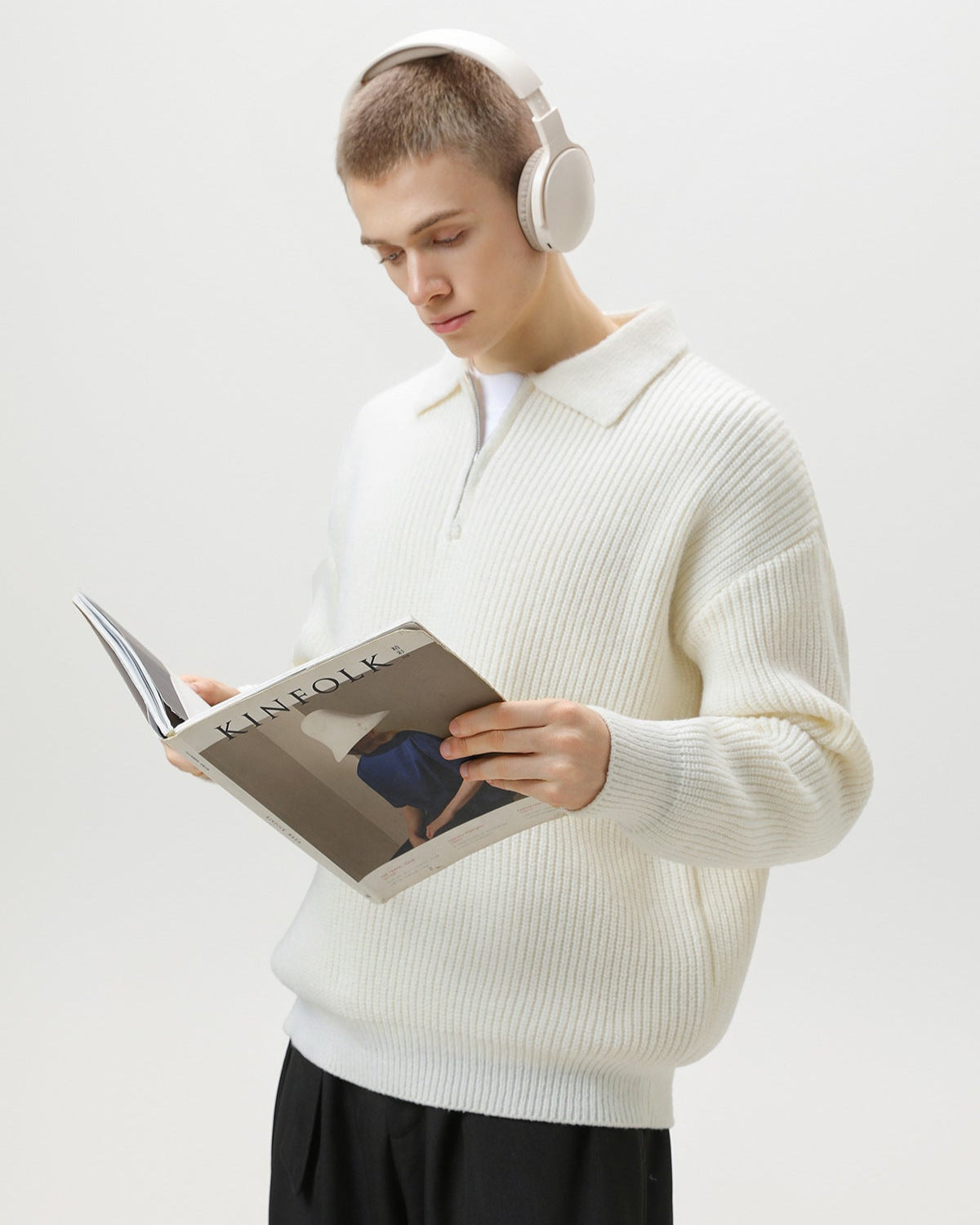 Ribbed Half-Zip Knit Polo Sweater