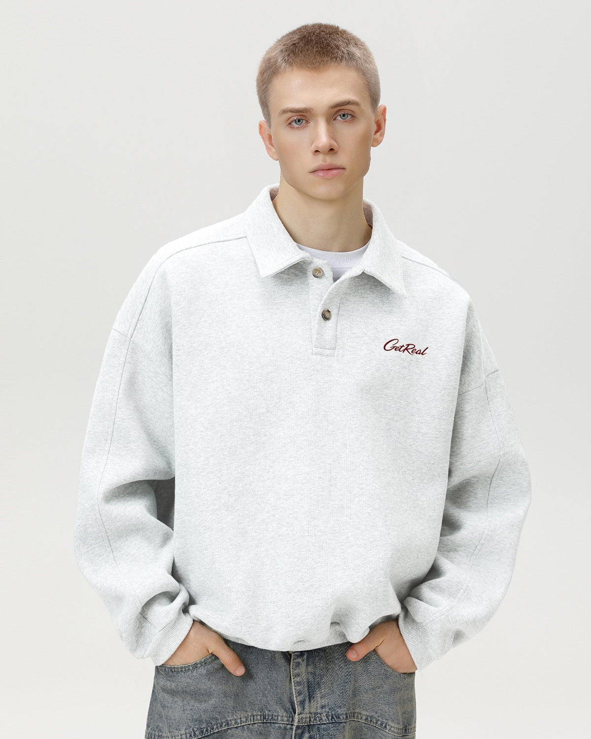 "Get Real" Oversized Embroidered Polo Sweatshirt