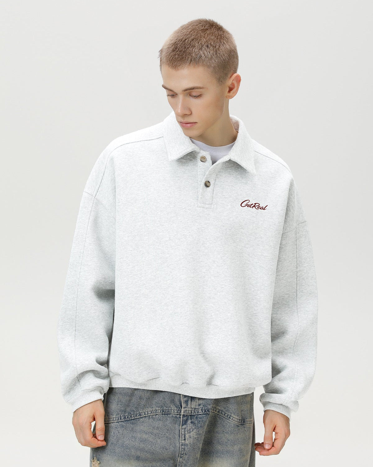 "Get Real" Oversized Embroidered Polo Sweatshirt