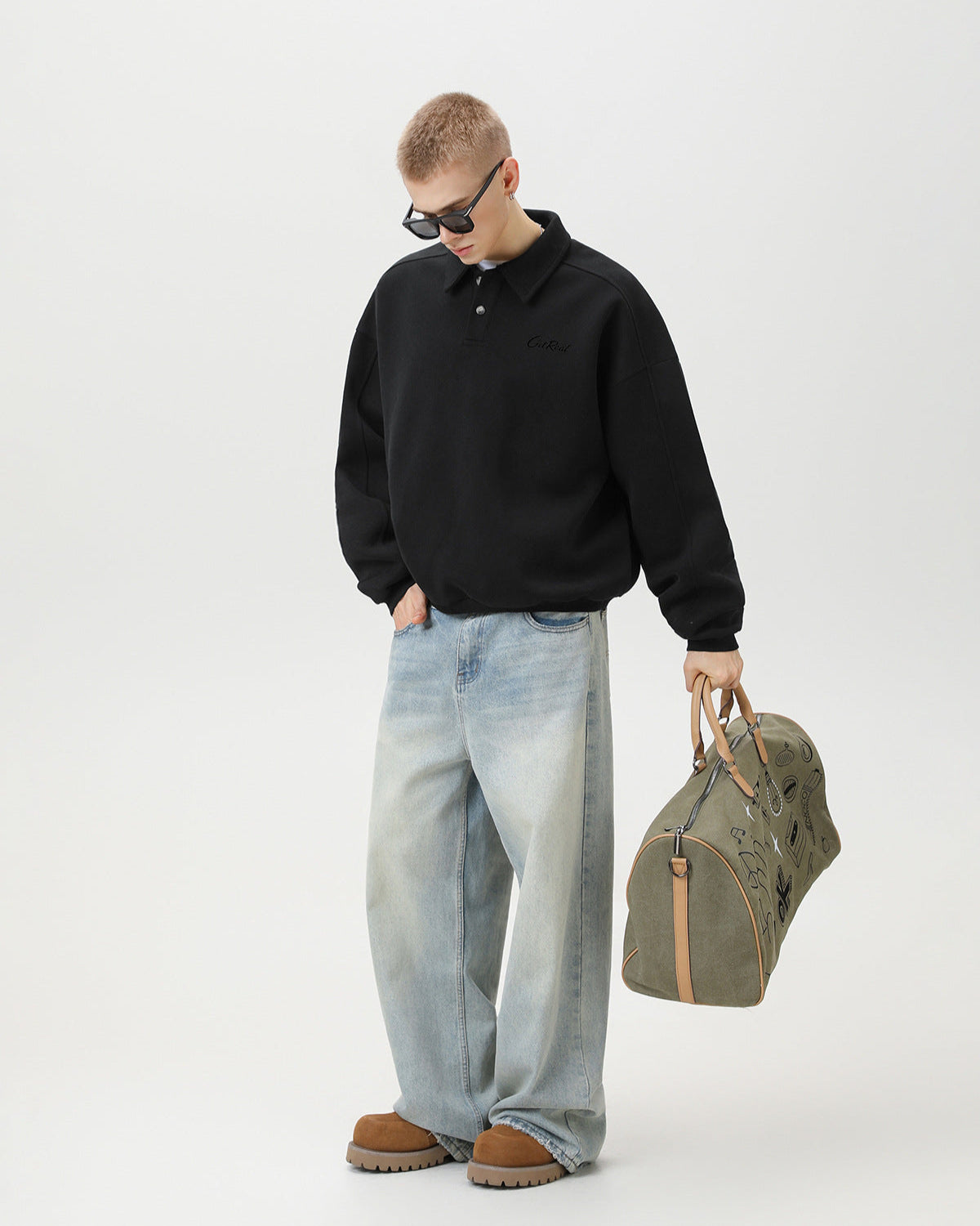"Get Real" Oversized Embroidered Polo Sweatshirt