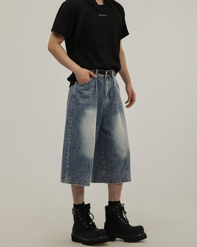 Washed Denim Wide Leg Shorts