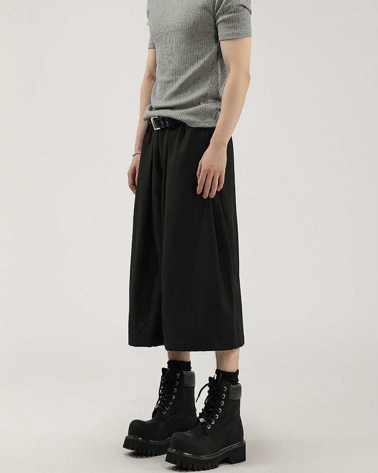 Wide-Leg Pleated Drape Capri Cropped Pants