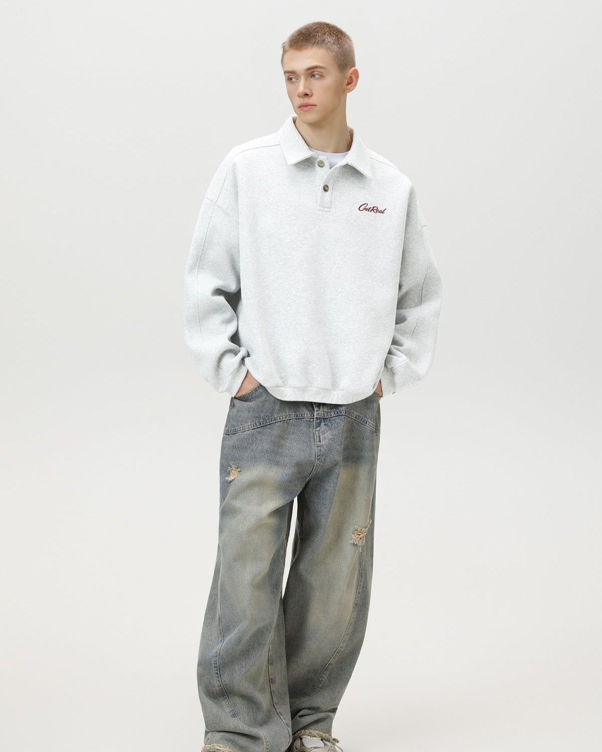 "Get Real" Oversized Embroidered Polo Sweatshirt