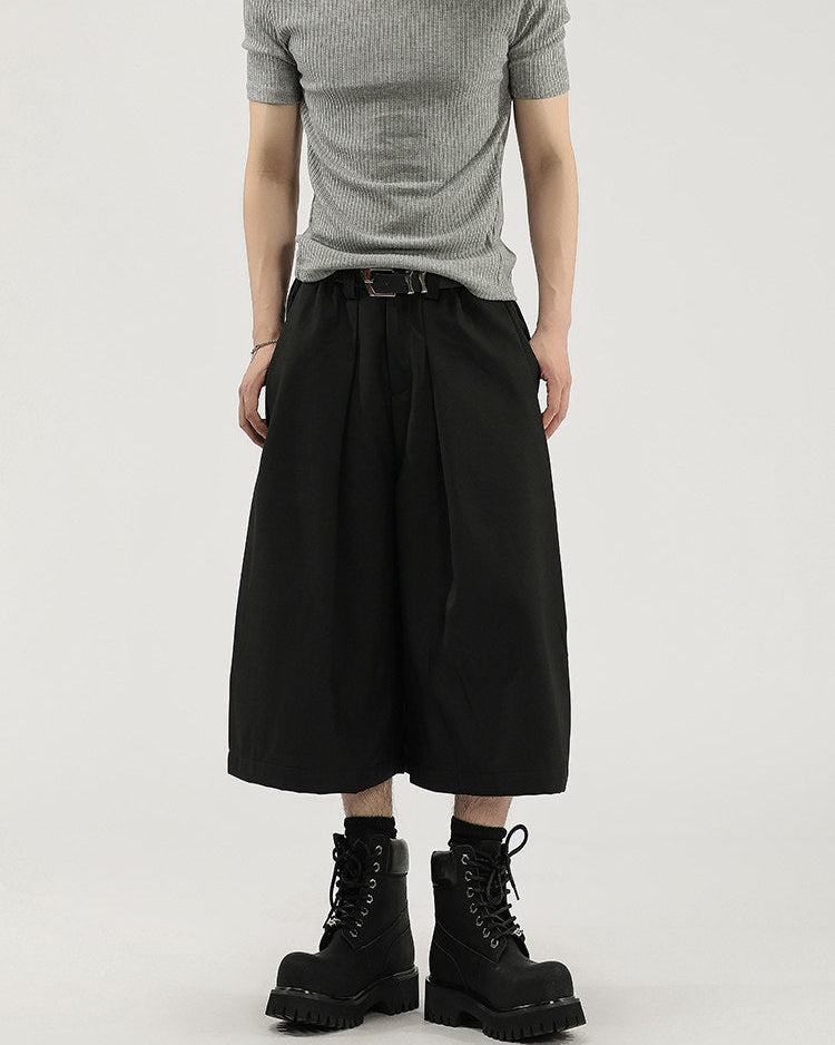 Wide-Leg Pleated Drape Capri Cropped Pants